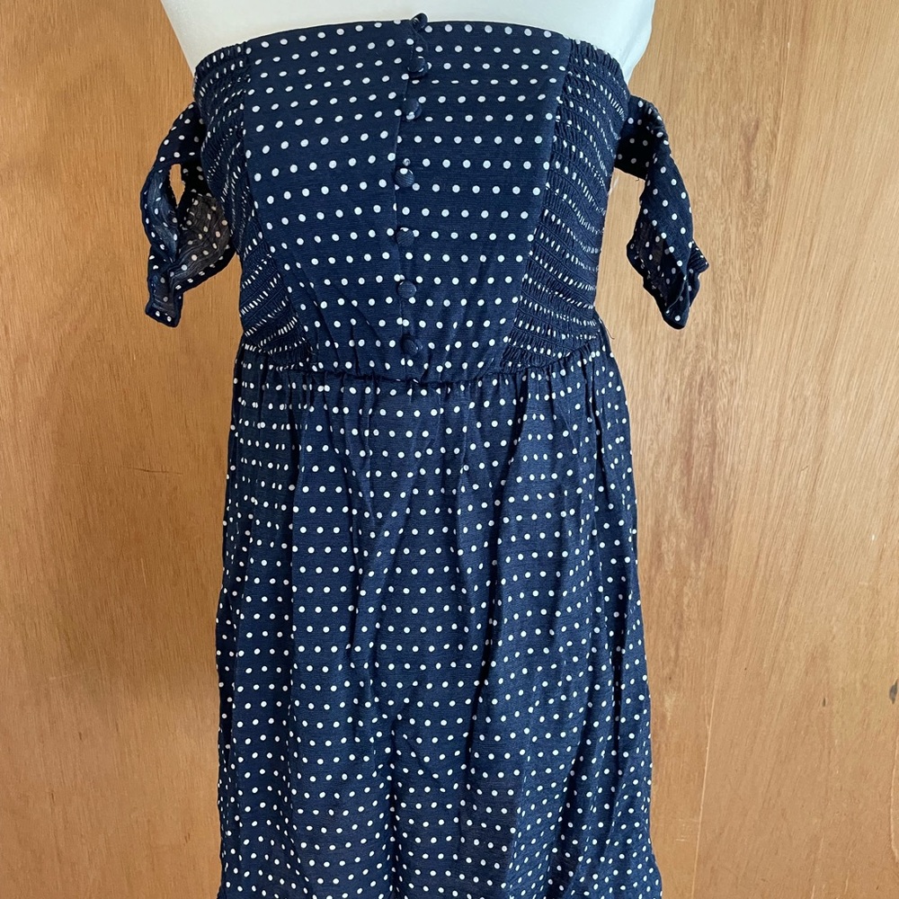 Navy blue and polka dot summertime short dress, size S, Xhiliration, ruffles